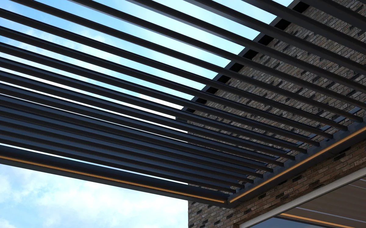 Close view of Pinela aluminium louvre blades against the sky
