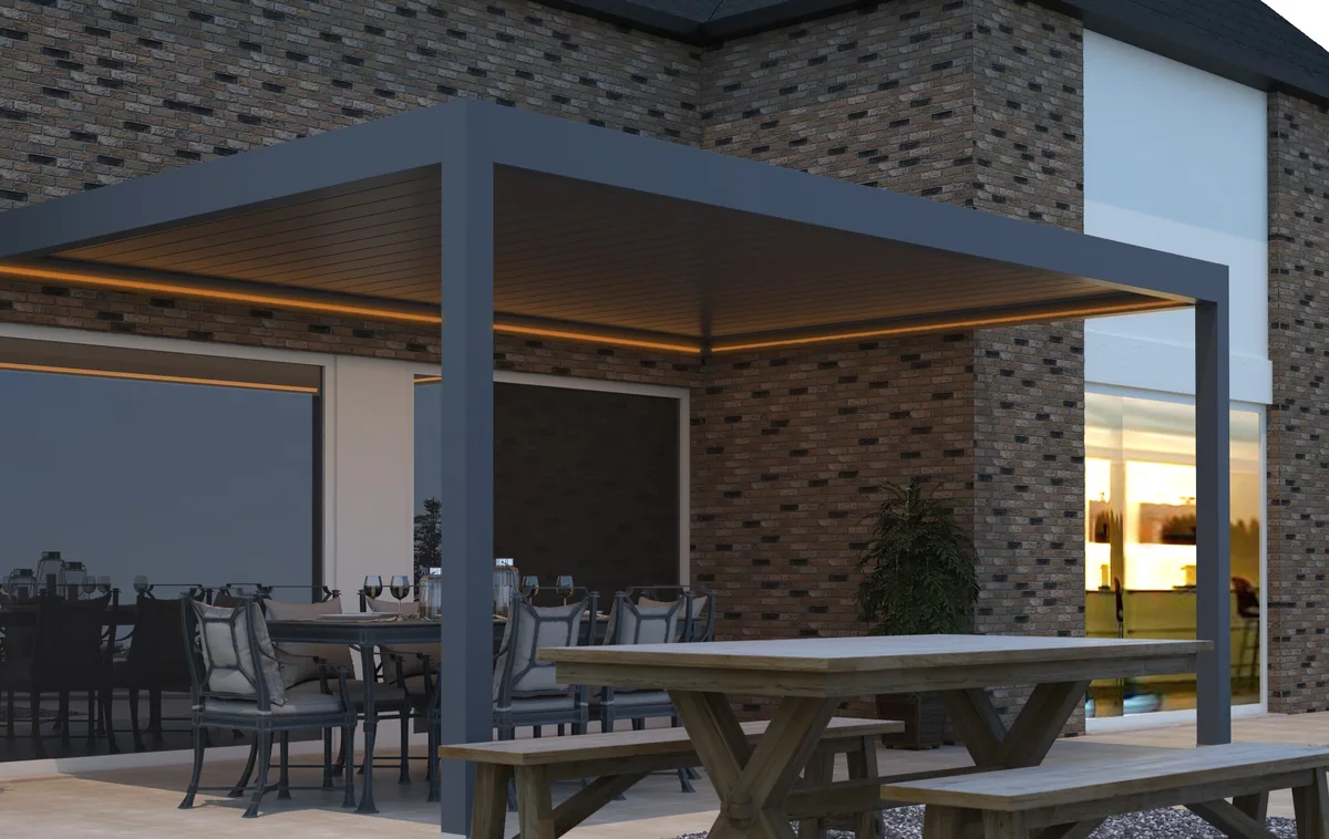 Pinela louvred pergola lit in the evening